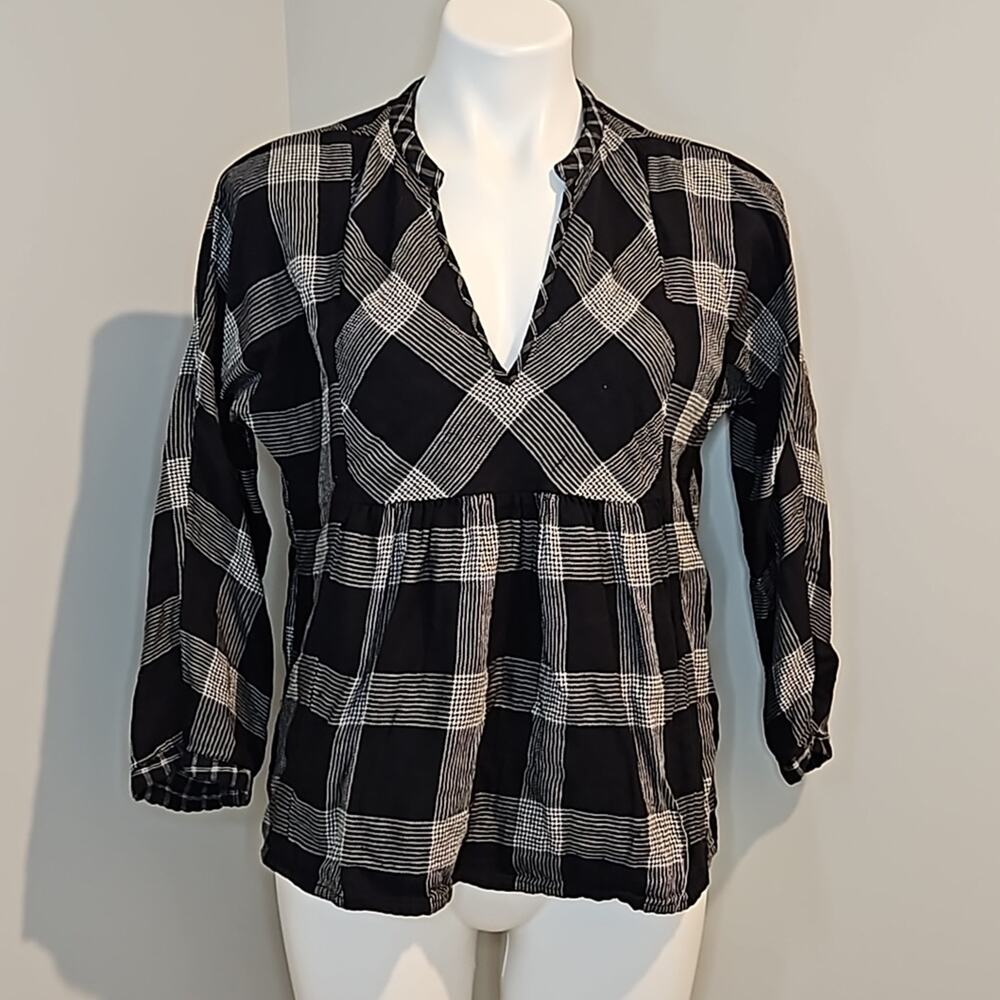 Madewell Boheme Popover Plaid 3/4 Sleeve Peasant Blouse Size Small Black/White